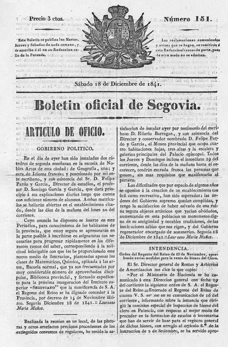Artículo de oficio del boletín oficial de Segovia (1841)
