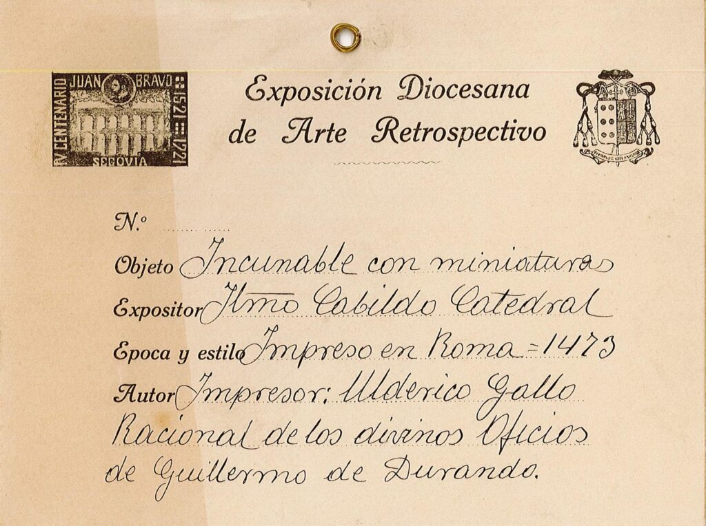 Ficha de la ‘Exposición Diocesana de Arte Retrospectivo’ conservada en el archivo de la Catedral de Segovia