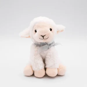 Peluche de corderito blanco con lazo gris sobre fondo blanco