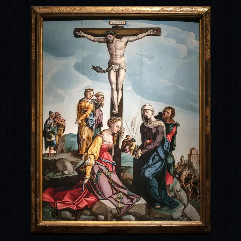Cristo crucificado en el centro del Calvario, rodeado por la Virgen María, María Magdalena y San Juan Evangelista. Obra renacentista atribuida a Jan van Scorel, óleo sobre tabla, siglo XVI.