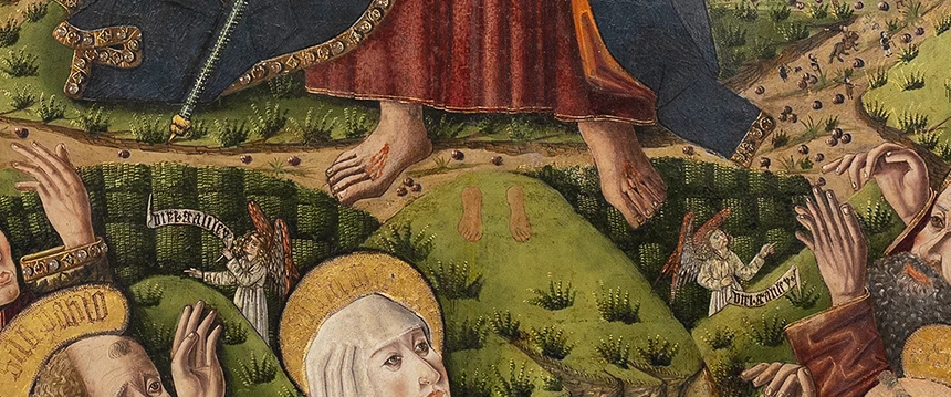 Huellas de Cristo marcadas en el monte de los Olivos tras su Ascensión, en el retablo del Maestro de los Claveles.