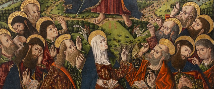 Grupo de apóstoles y la Virgen María mirando al cielo en el retablo de la Ascensión del Maestro de los Claveles