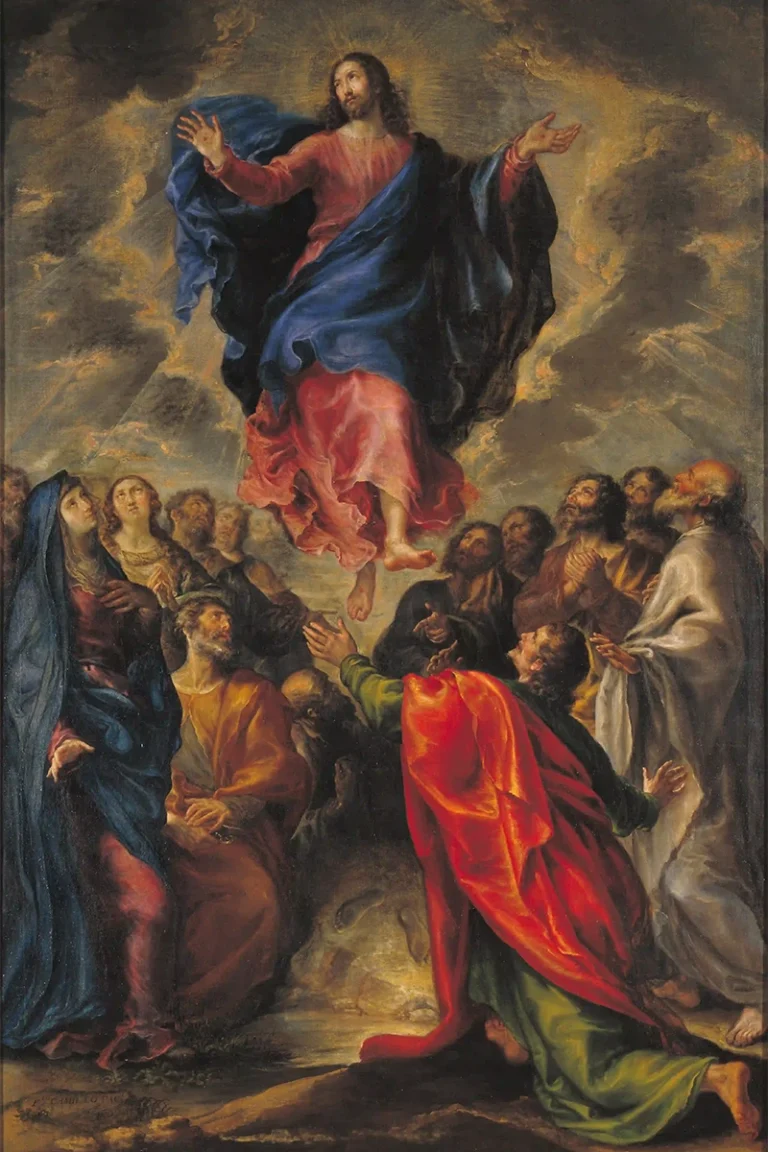 Pintura barroca de Francisco Camilo con Cristo ascendiendo al cielo, rodeado por apóstoles, la Virgen y María Magdalena