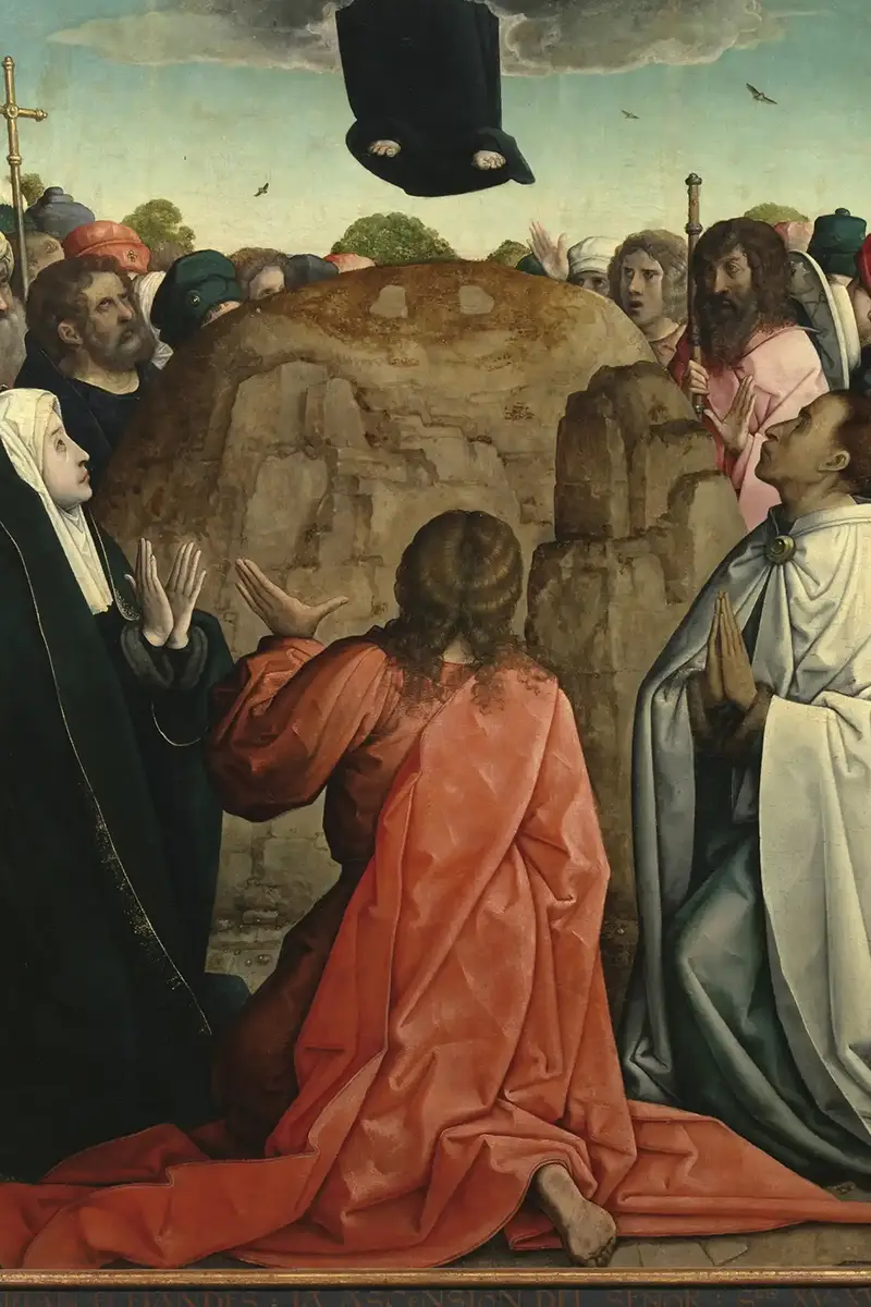 Cristo asciende al cielo oculto por una nube, dejando sus huellas en el monte de los Olivos, ante María y los apóstoles. Obra de Juan de Flandes. Conservado en el museo Nacional del Prado