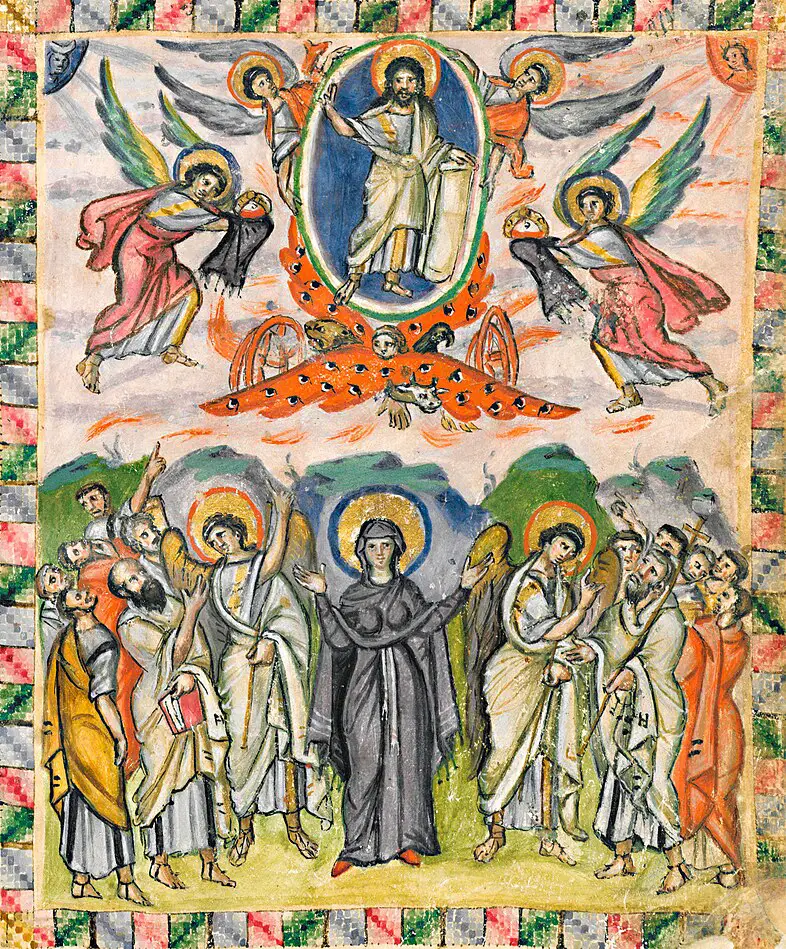 Miniatura bizantina de la Ascensión de Cristo con la Virgen y los apóstoles, del Evangelio de Rabbula, siglo VI