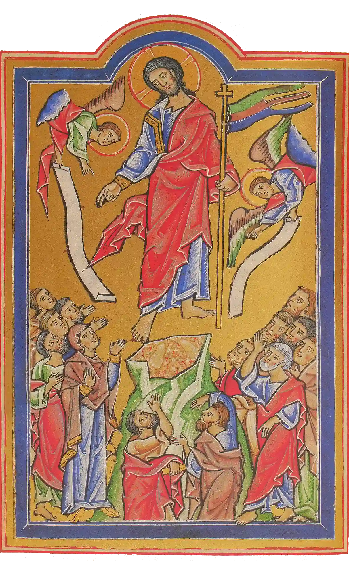 Miniatura románica de la Ascensión de Cristo, con apóstoles y ángeles, en el Salterio del Landgrave (Landgrafenpsalter, siglo XII)