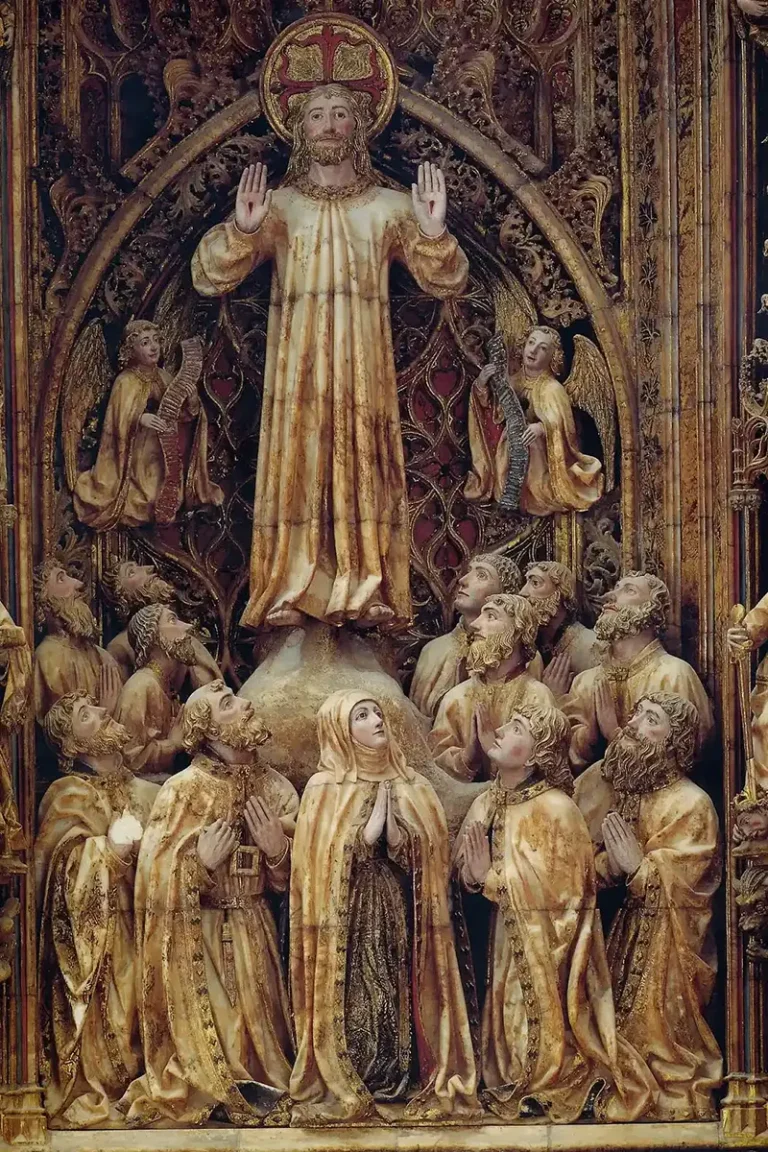 Escultura en alabastro de la Ascensión de Cristo rodeado por los apóstoles y la Virgen, retablo mayor de la Catedral de Zaragoza, siglo XV