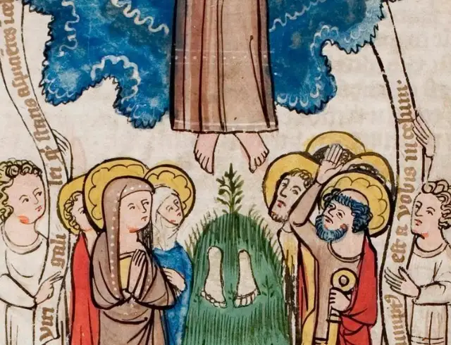 Miniatura gótica de la Ascensión de Cristo con huellas en el monte, con la Virgen y apóstoles, Speculum humanae salvationis, ca. 1360