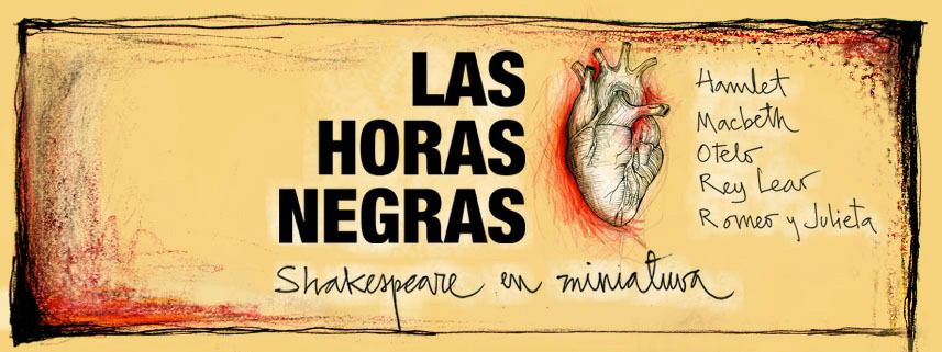 Banner teatral con fondo ocre, corazón ilustrado y títulos de obras de Shakespeare, promoción horizontal de Las Horas Negras de Roma Monasterio