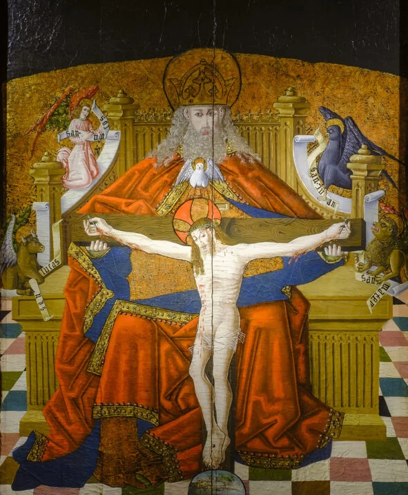 Representación de la Trinidad con Tetramorfos del Maestro de los Claveles, obra gótica del siglo XV en la Catedral de Segovia
