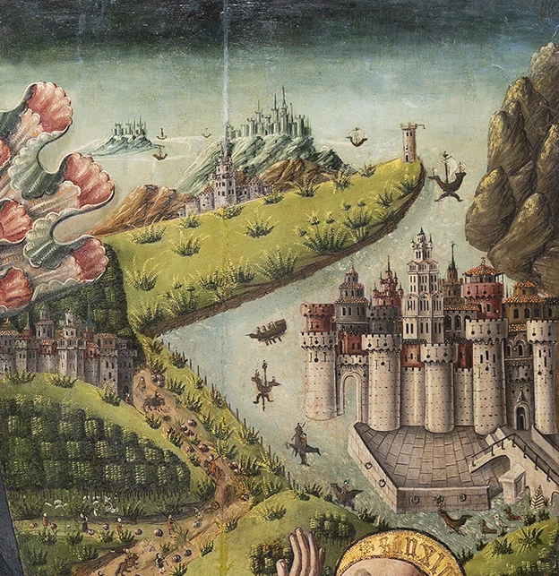 Ciudades amuralladas, montañas y barcos en el fondo del retablo de la Ascensión del Maestro de los Claveles