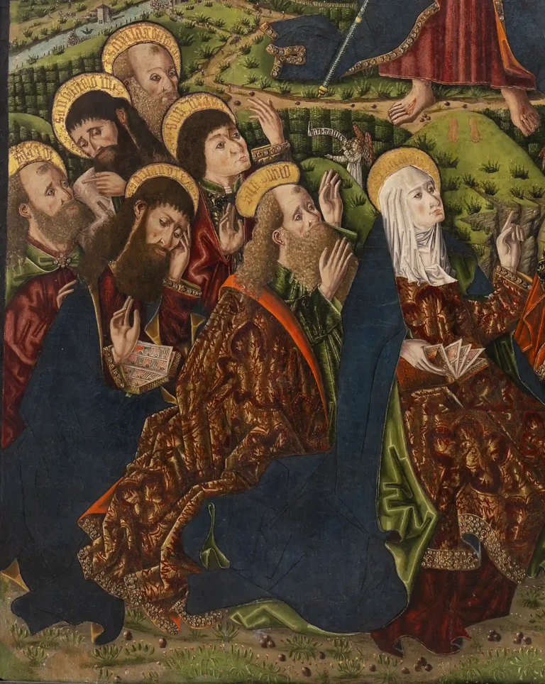 Pintura hispanoflamenca de los apóstoles y la Virgen en la Ascensión de Cristo, atribuida al Maestro de los Claveles