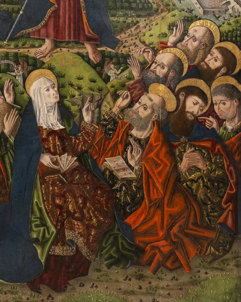 Pintura hispanoflamenca de los apóstoles y la Virgen en la Ascensión de Cristo, atribuida al Maestro de los Claveles