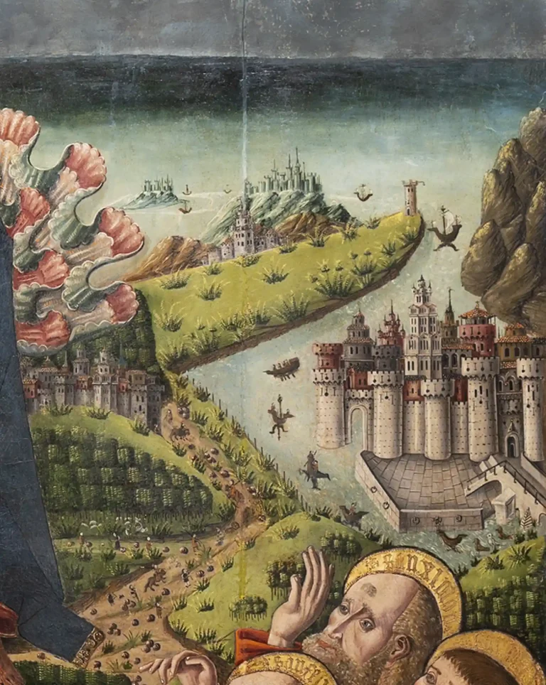 Detalle del paisaje con fortalezas y caminos en la tabla de la Ascensión del Maestro de los Claveles, Palacio Episcopal de Segovia