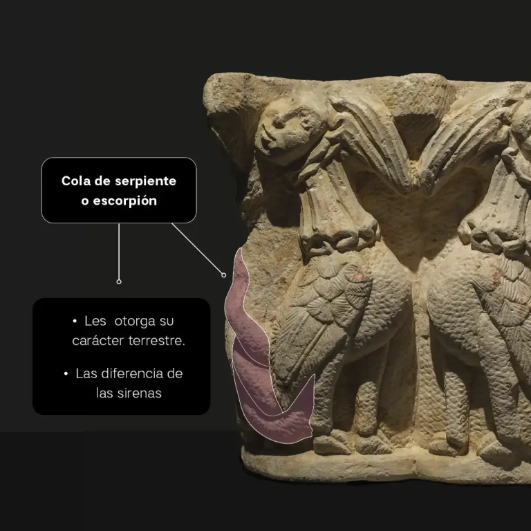 Relieve de arpía con detalle de la cola de serpiente o escorpión, elemento que marca su carácter terrestre.