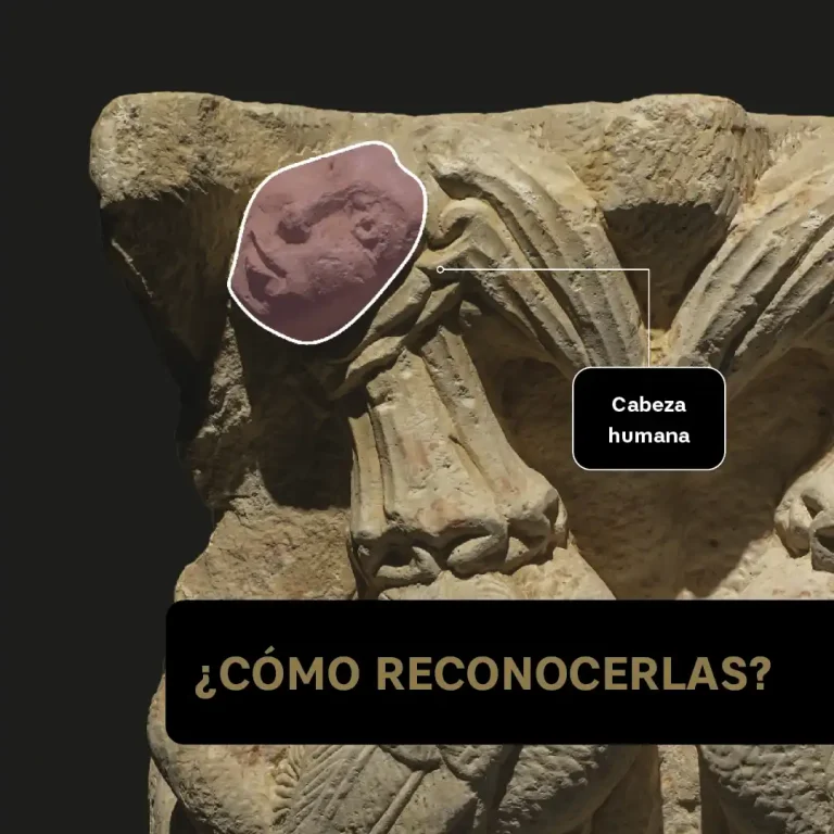 Detalle con señalización de la cabeza humana en un capitel románico con arpías, Palacio Episcopal de Segovia