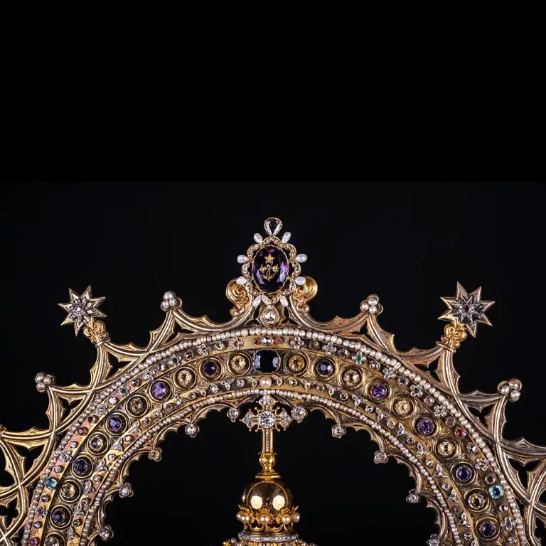Detalle superior de la Corona de la Virgen de la Fuencisla, siglo XVI, con joya central y adornos circundantes