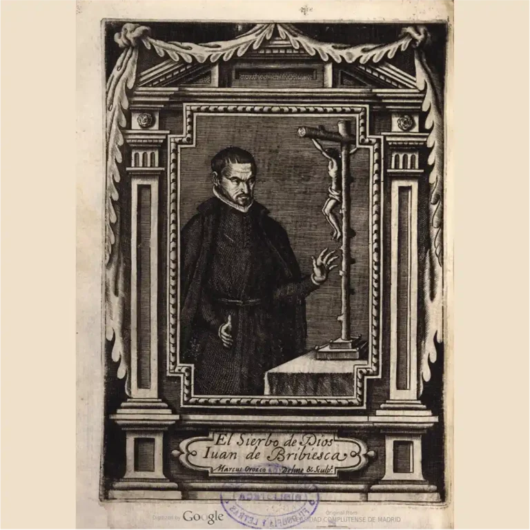Grabado de Juan de Briviesca realizado por Marcos Orozco para el libro "Vida del Venerable sacerdote Juan de Briviesca". La imagen muestra al sacerdote con un crucifijo en la mano, destacando su devoción y vida religiosa.