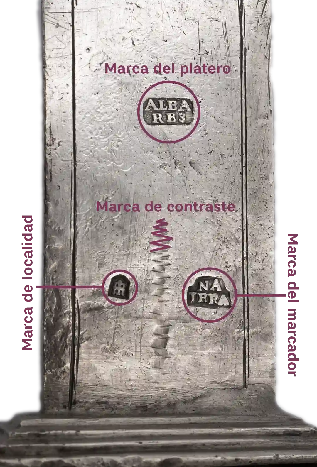 Detalle de las marcas de localidad, platero y contraste en la cruz de pendón de Ignacio Álvarez Arintero, siglo XVIII