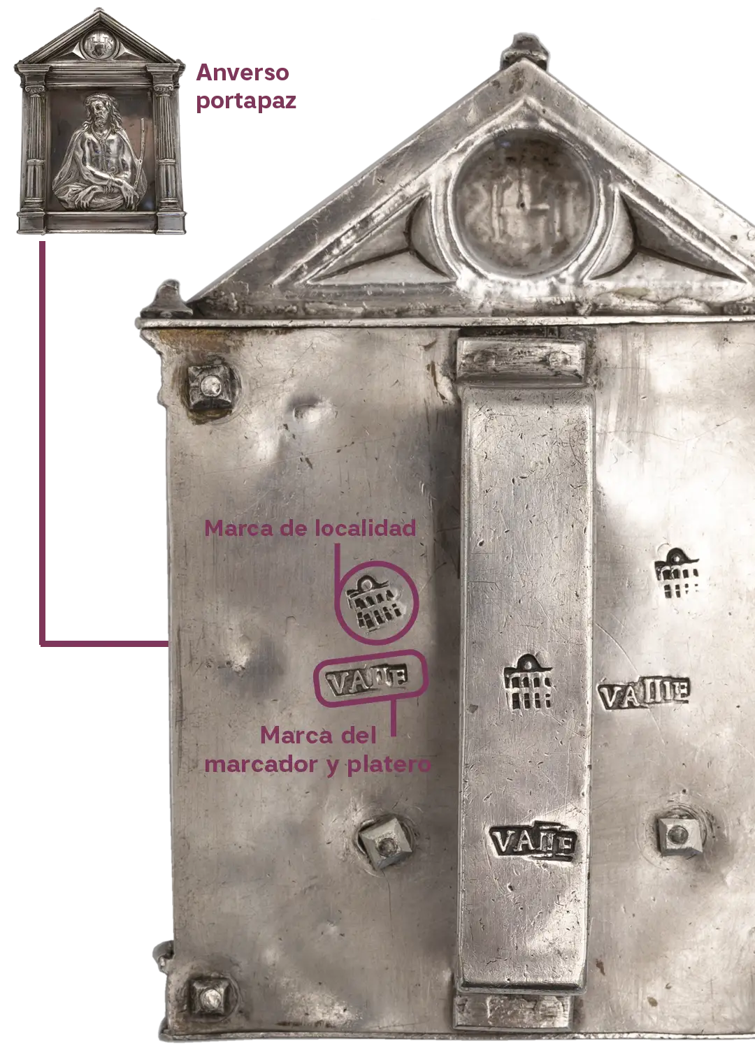 Detalle de las marcas del portapaz de plata de José Martínez del Valle, platero y marcador en Segovia en el siglo XVIII