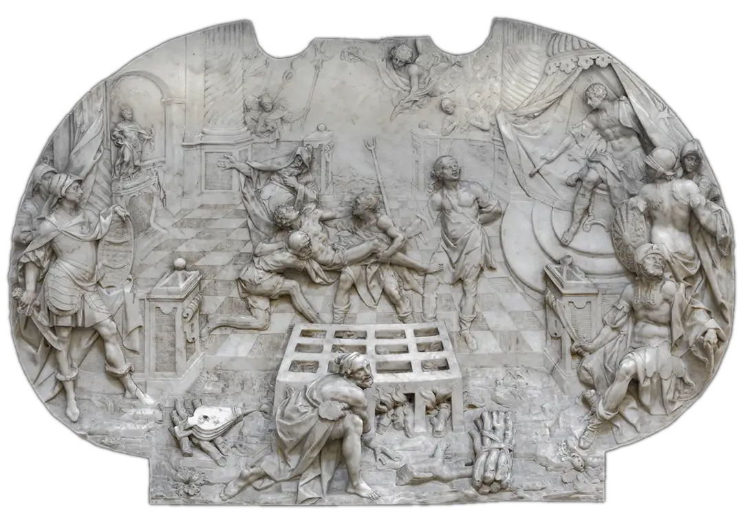 Relieve en mármol blanco de Juan de León. Escena del martirio de San Lorenzo. Depósito del Museo del Prado.