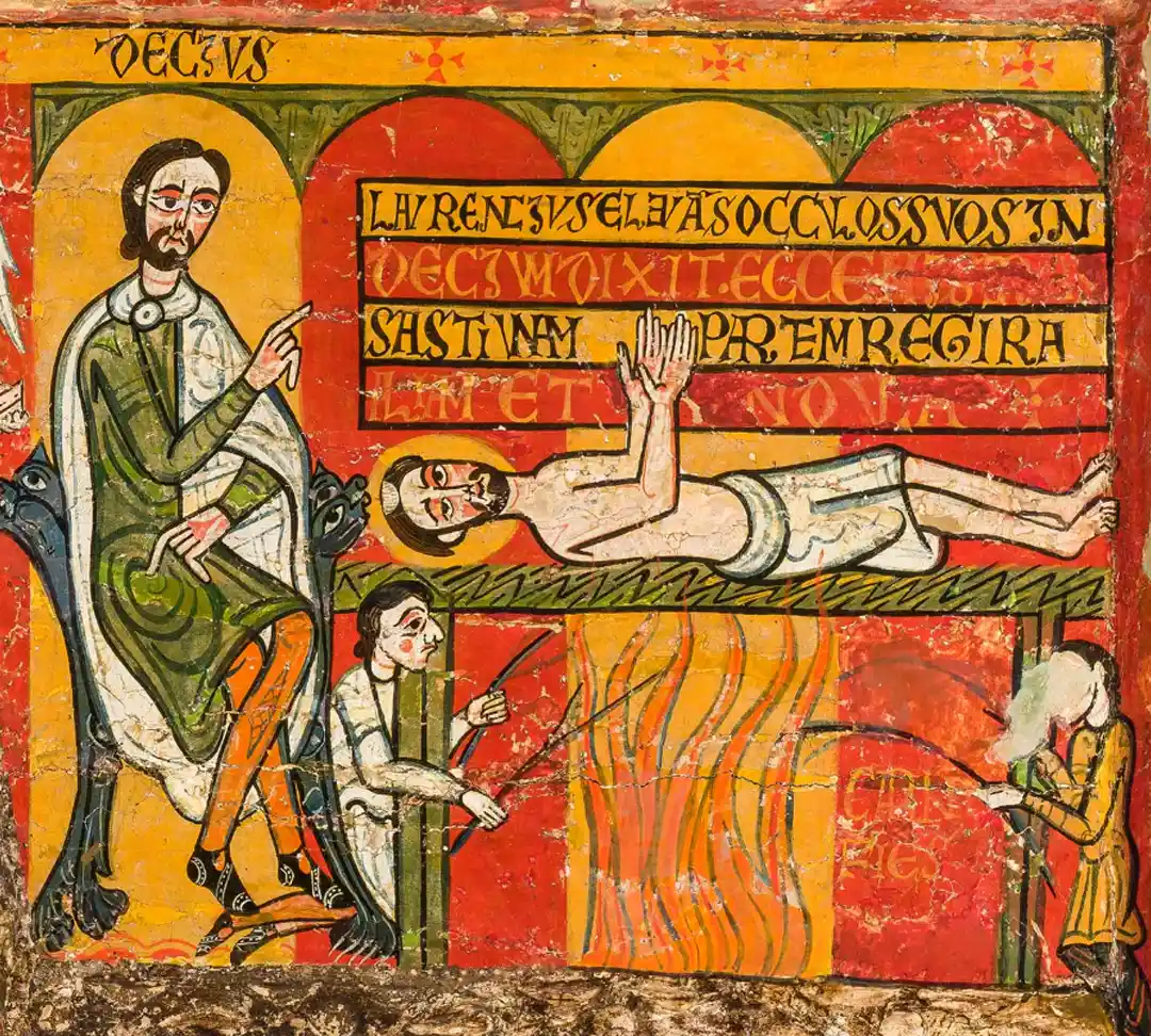 Frontal románico del altar con el martirio de San Lorenzo en la parrilla, Sant Llorenç Dosmunts, siglo XII.