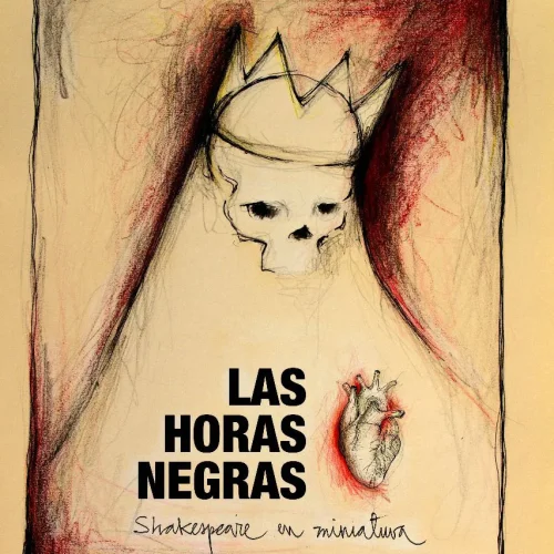 Ilustración teatral con una calavera coronada y un corazón rojo sobre fondo ocre, cartel vertical de Las Horas Negras de Microensamble
