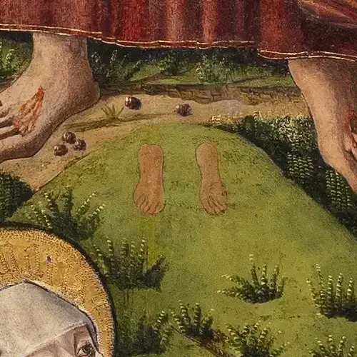 Huellas de Cristo marcadas en el monte de los Olivos tras su Ascensión, en el retablo del Maestro de los Claveles.